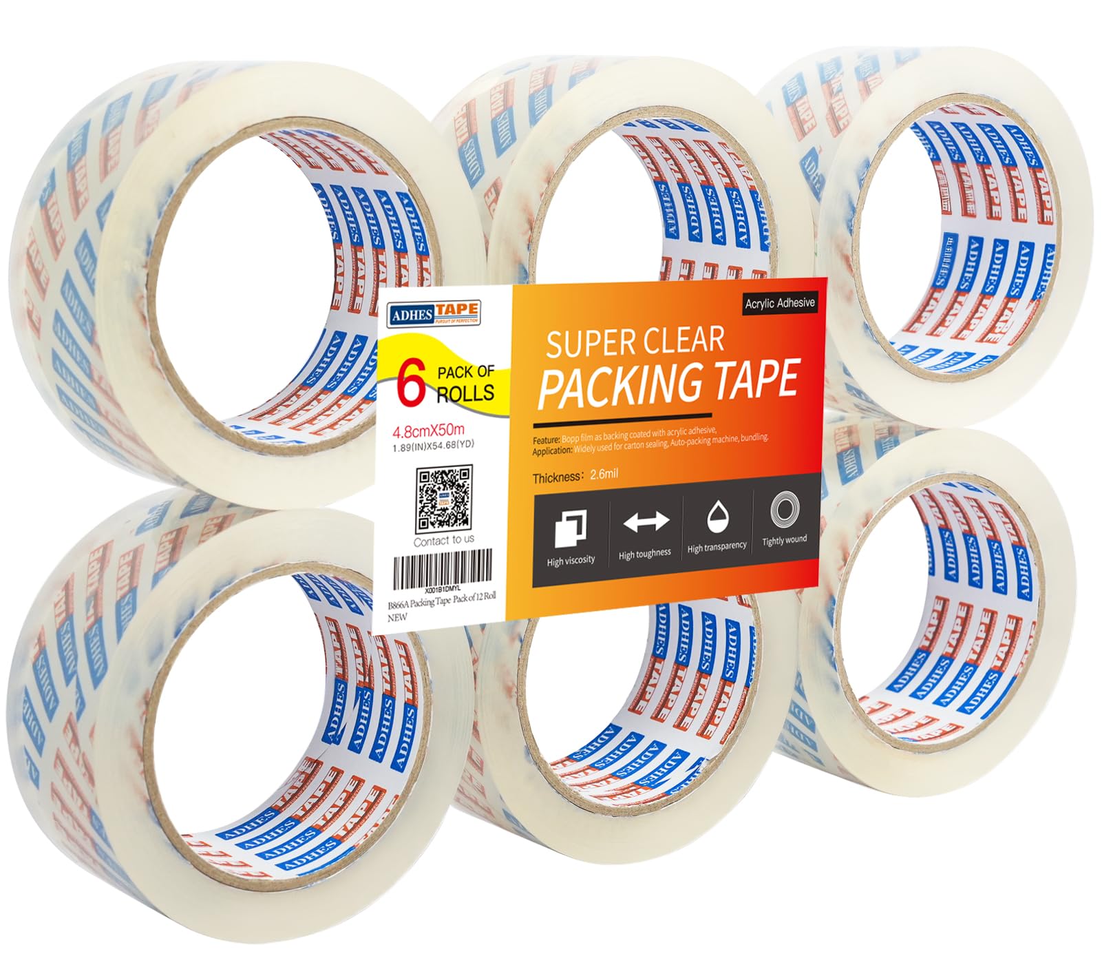 ADHES Heavy Duty Packing Tape Strong Parcel Tape for Moving Packaging Sealing Box, Shipping Tape Multipack, Total Length of 300M with 4.8cm Width,2.6Mil Thickness