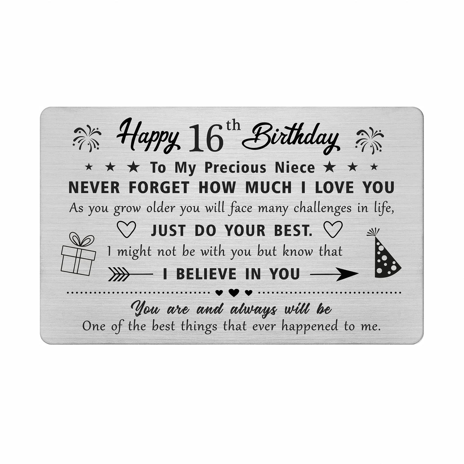 FALOGI Niece 16th Birthday Cards - Happy 16 Year Old Birthday Card for Niece - Birthday Gifts for 16 Year Old Niece, Metal Engraved Wallet Card