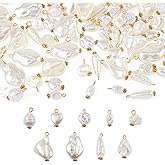 Cheriswelry 90Pcs White Pearl Pendants ABS Imitation Plastic Pearl Dangle Charms with Iron Alloy Findings 9 Styles 15-30mm for DIY Necklace Earring Jewelry Making Crafts