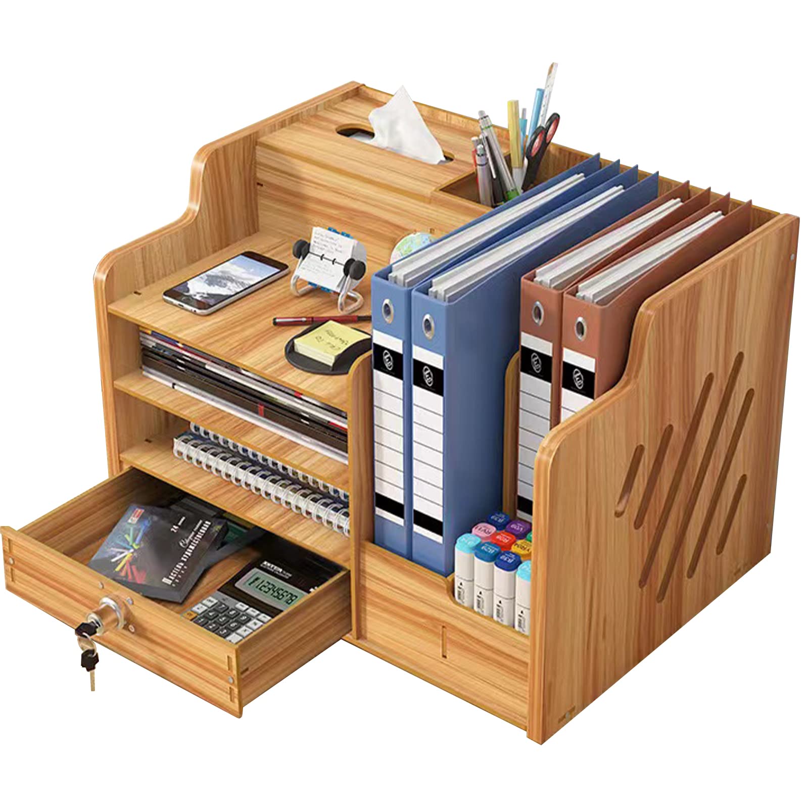 Photo 1 of Zyners Bamboo Desk Organizer, Desktop Wood Bookshelf File Organizer, Pen Holder and Tissue Holder, 1 Drawer with lock for Office, Home, Need to Install(Cherry Wood)