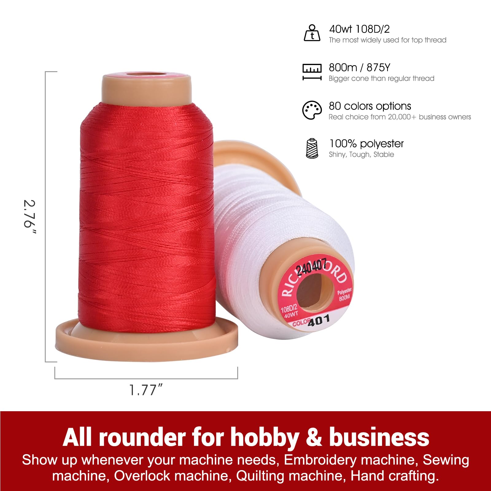 Richword Selected 800M 80 Colors Embroidery Thread,40WT(108D/2) Polyester Embroidery Machine Thread Set, for Embroidery Machines and Sewing Machines