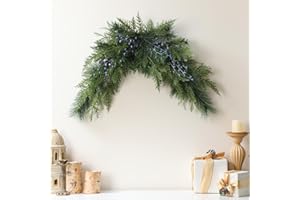 Giegxin 32" Christmas Artificial Juniper Swag Blueberries Crescent Front Door Decoration Mailbox Swag Pine Cedar Xmas Juniper Swags for Windows Wall Mantel Fireplace Table Stair Decor Indoor Outdoor