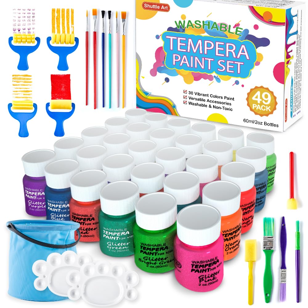 Shuttle Art Tempera Paint, 30 Colors Washable Paint for Kids, 2oz/60ml Bottle, Non-toxic for Toddlers with Glitter Metallic Neon Colors, For Art, Crafts and School Projects