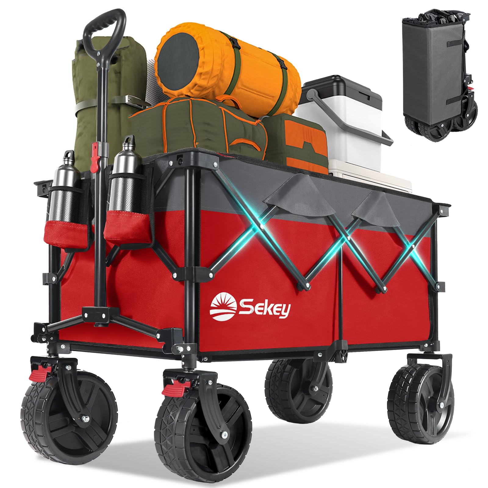 Sekey 220L Wagons Carts Foldable with Big All-Terrian Beach Wheels, Collapsible Heavy DutyWagon with Cup Holders, Extra Large Folding Wagon,Foldable Wagon for Camping, Garden, Sports.Red&Grey Image