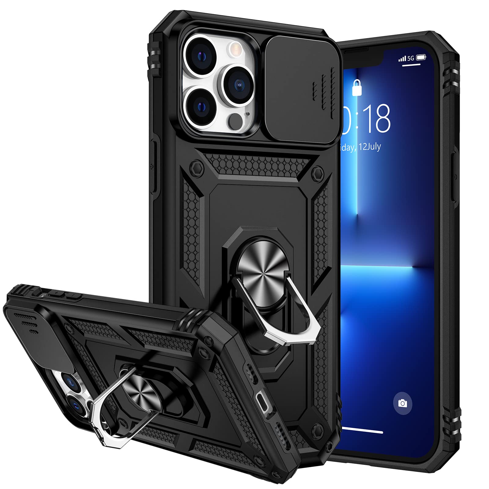 Armor Case for iPhone 13 Pro Max Stand Case with Slide Camera Cover & Kickstand Military Grade Shockproof Heavy Duty Protective with Magnetic Car Mount Holder for iPhone 13 Pro Max 6.7 Black — image 1