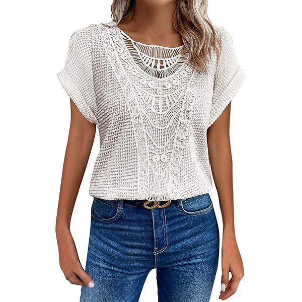 Summer Tops for Women Lace Crochet Short Sleeve Shirts Trendy