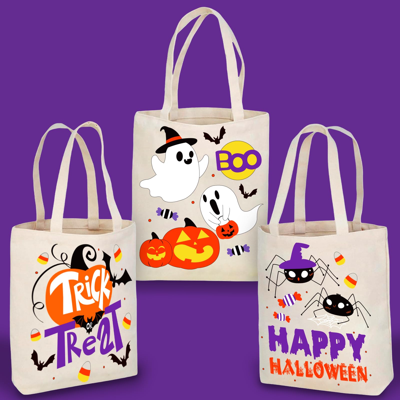 Photo 1 of 3.2" Large Halloween Tote Bags for Kids Trick or Treating, Halloween Goodie Candy Bags with Handles Ghost Bat Spider Pumpkin Design Reusable White Canvas Treat Bags for Halloweens Party Favors