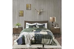 Woolrich Mill Creek Reversible Quilt Set - Cottage Styling Reversed to Solid Color, All Season Lightweight Coverlet, Cozy Bedding Layer, Matching Shams, Oversized King/Cal King, Plaid Green 3 Piece