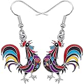 WEVENI Enamel Alloy Chicken Rooster Earrings Dangle Drop Farm Jewelry For Women Ladies Gift (Black)