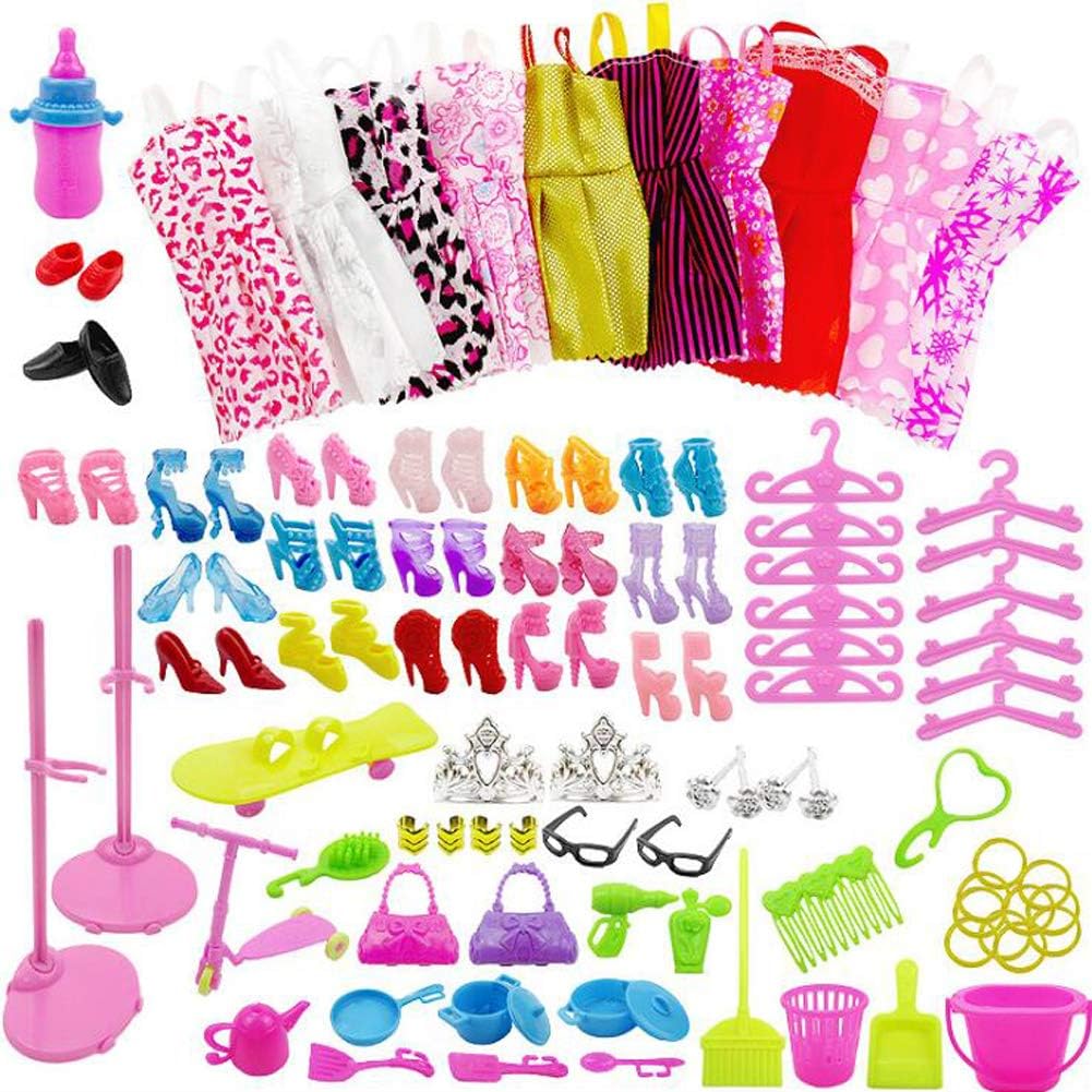 WENTS Doll Clothes for Barbie Doll Clothes Set for Barbie Dolls Include 10 Pack Clothes Party Grown Outfits and 75 Pcs Different Doll Accessories Dresses Skirts Shoes Little Girl