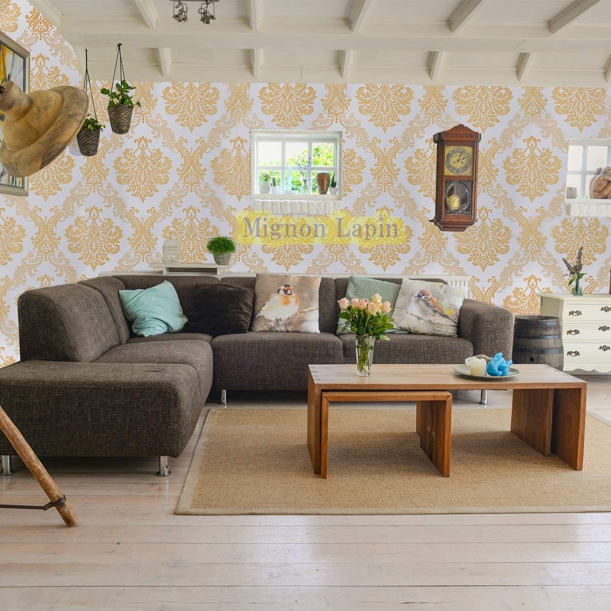 Amazon Mignon Lapin 壁紙 ダマスク柄 45 10ｍ はがせる シールタイプ 生活防水 模様替え 02 ゴールド 壁紙