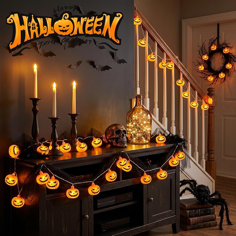 Halloween Lichterkette, 3M 20LED Kürbis Lichterkette Batterie Außen mit 6h Timer, IP65 Wasserdicht Jack-O-Lantern für Halloween Deko, Zombie Themen Partys