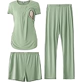 SUNNYBUY Womens Maternity Nursing Pajamas Set, Short Sleeve Breastfeeding Shirts,Pregnancy Shorts & Pants 3 Piece Nursing PJS
