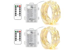 BXROIU 2 x Fairy Lights Battery Operated,Silver Wire Chains 8 Mode 16Ft/5Meter 50 LEDs Timer String Lights with Remote Control for Bedroom Christmas Party Wedding Decoration(Warm White)