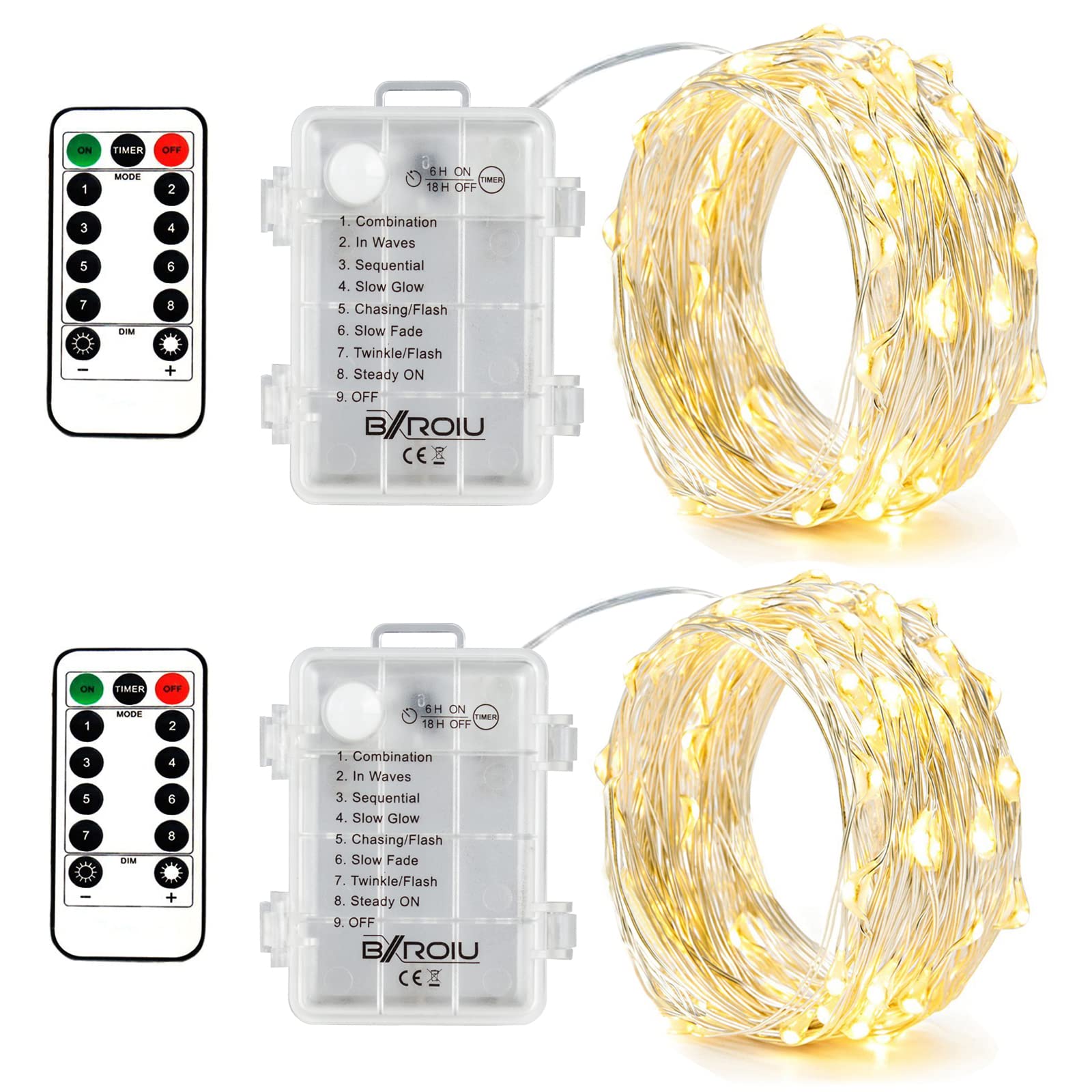 Photo 1 of BXROIU 2 x Fairy Lights Battery Operated,Silver Wire Chains 8 Mode 16Ft/5Meter 50 LEDs Timer String Lights with Remote Control for Bedroom Christmas Party Wedding Decoration(Warm White)