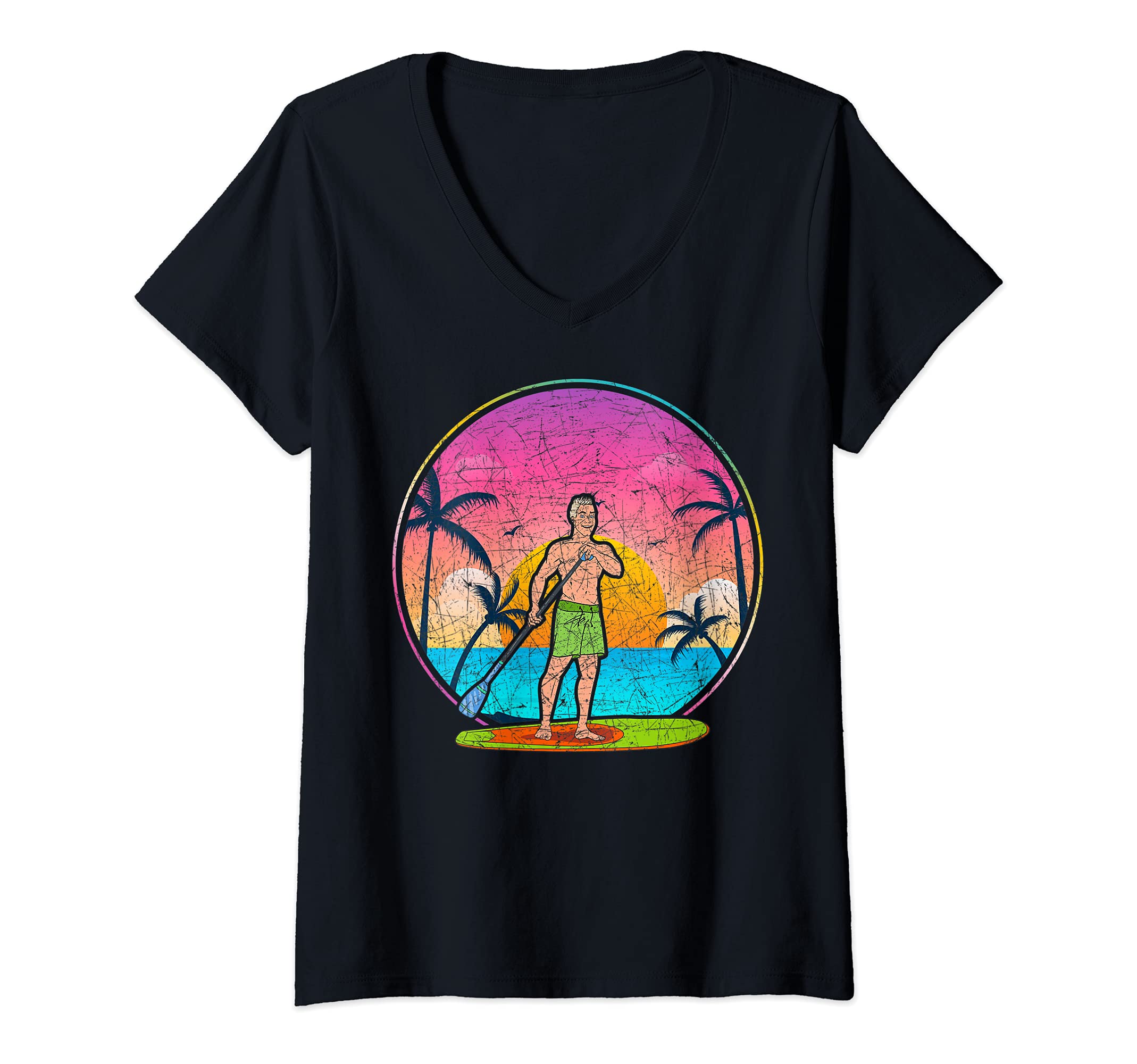 Womens Sunset Stand Up Paddleboarding Paddleboarder Outdoor SUP V-Neck T-Shirt