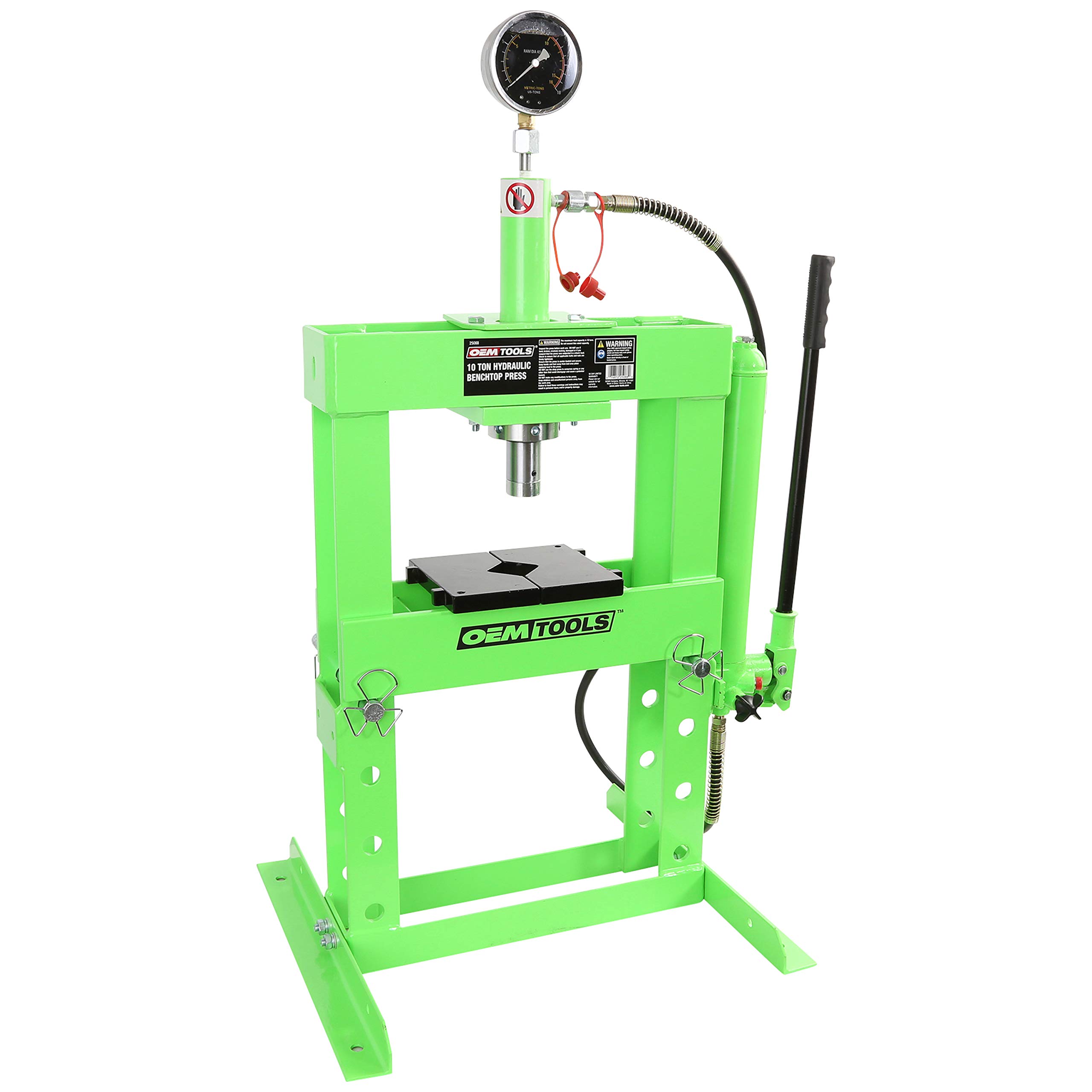 OEMTOOLS 10 TON Press de banco hidráulico con bomba de doble velocidad | Diseño compacto y gran potencia | Enderezar, doblar, presionar y quitar piezas y rodamientos | Compatibilidad universal
