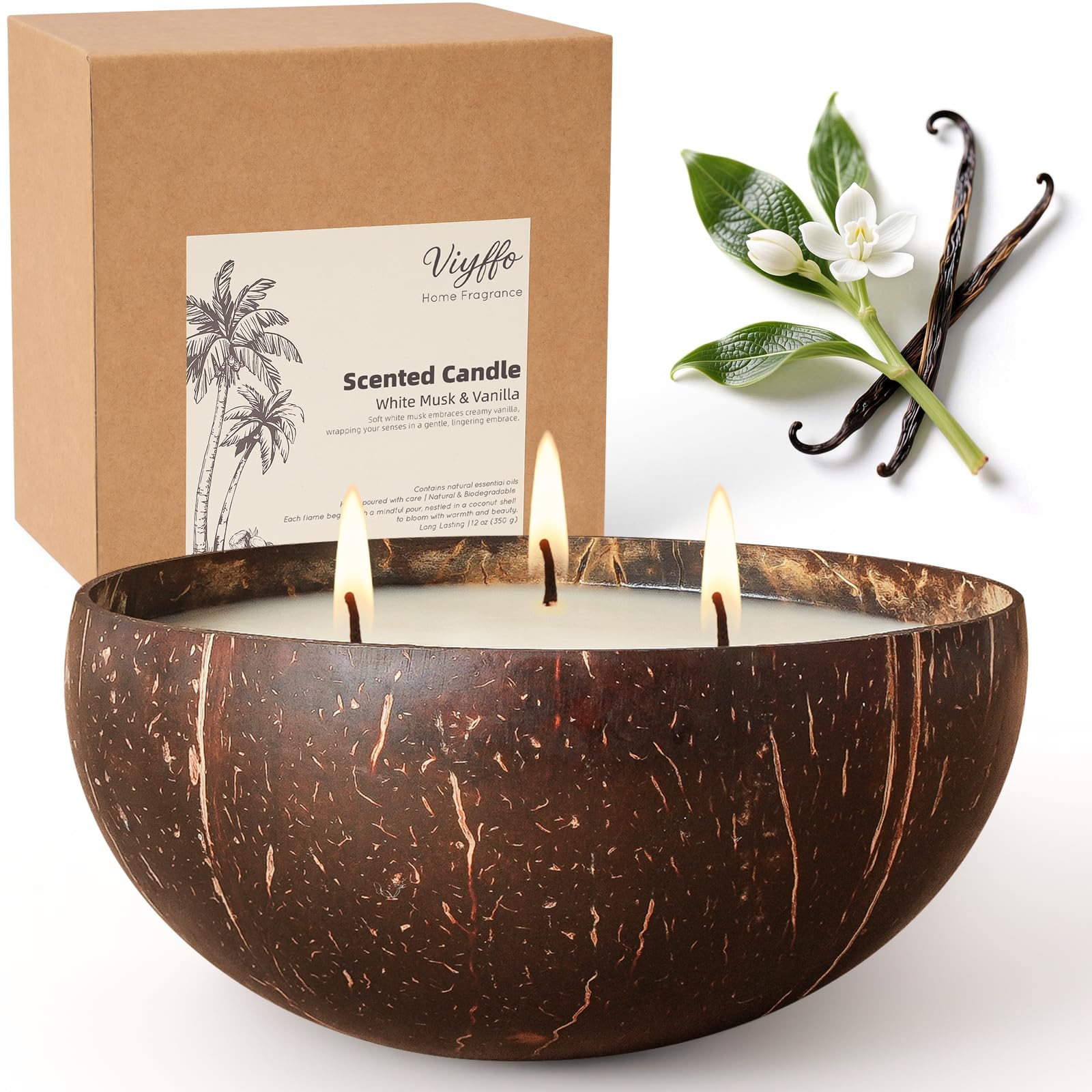 Photo 1 of ***CANDLE IS NOT STABLE *** Viyffo Christmas Candle - Vanilla & White Musk, 12oz 3 Wick Large Holiday Scented Candle for Women & Men, Non Toxic Soy Candle in Natural Coconut Shell Jar, Perfect Winter Gift & Home Decor