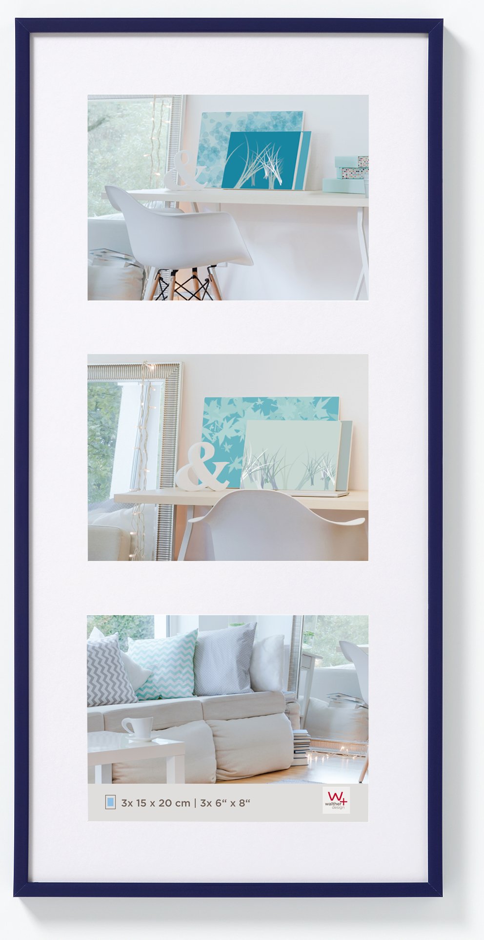 walther design Picture Frame Blue 3x 10x15 cm Gallery with PassepArtout, New Lifestyle Plastic Frame KV315L — image 1