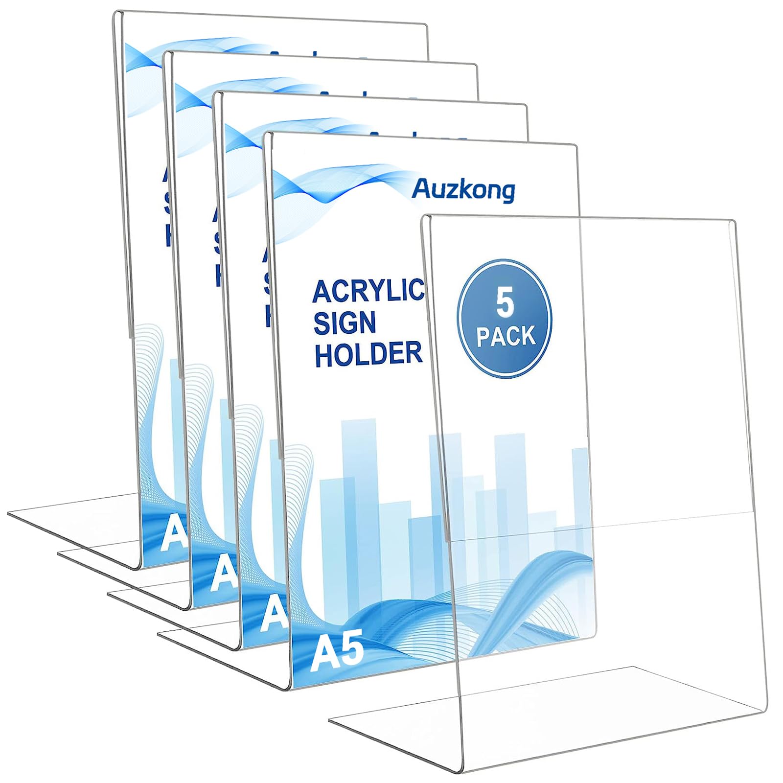Auzkong A5 Sign Holders, Acrylic Slant Sign Holders, Clear Plastic Display Stand, Acrylic Paper Signs Holder Photo Frame for Restaurants Hotels Menu Stores Office (A5-5 Pack)