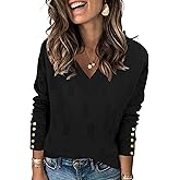 AKEWEI Womens V Neck Sweaters Long Sleeve Lightweight Knit Pullover Tops with Decorative Buttons