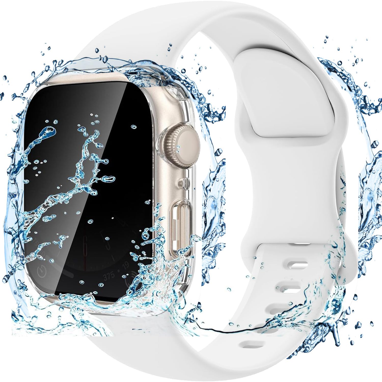 Photo 1 of 3 In 1 Waterproof Privacy Case for Apple Watch 9 With Band,Water Proof Face Cover Built-in Anti Spy Tempered Glass Screen Protector & Silicone Soft Bands for iWatch Series 9 8 7 (Clear/White, 41mm)