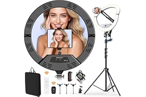 MACTREM 22" Foldable Large Ring Light with Stand for iPhone iPad,75" Tripod with Overhead Shooting Bracket 50W 6500K 4 Clips/LCD Display/2 USB PortsTattoo Barber Makeup Studio Video Photography Lighting