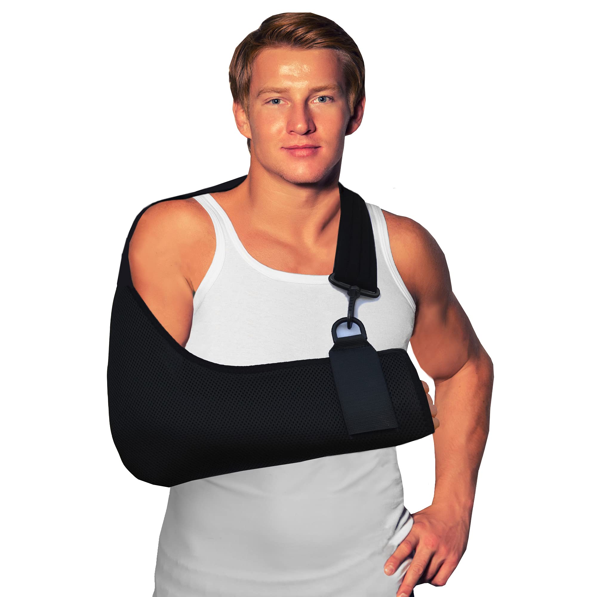 4DflexiSPORT Arm Sling Adult (L, black/black trim) Feel Safe, Easy to Fit, Cooling Fabric Technology, Fits R or L.
