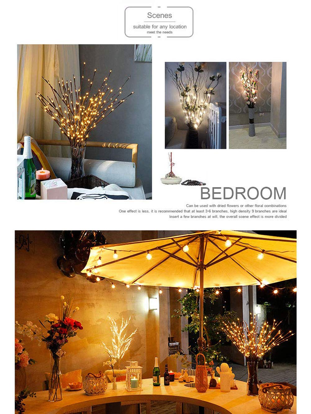 DK177 2 Pack Led Branch Light Battery Operated Lighted Branch Vase Filler Willow Tree Artificial Little Twig Power Brown 30 Inch 20 LED for Home Romantic Decoration, Warm White