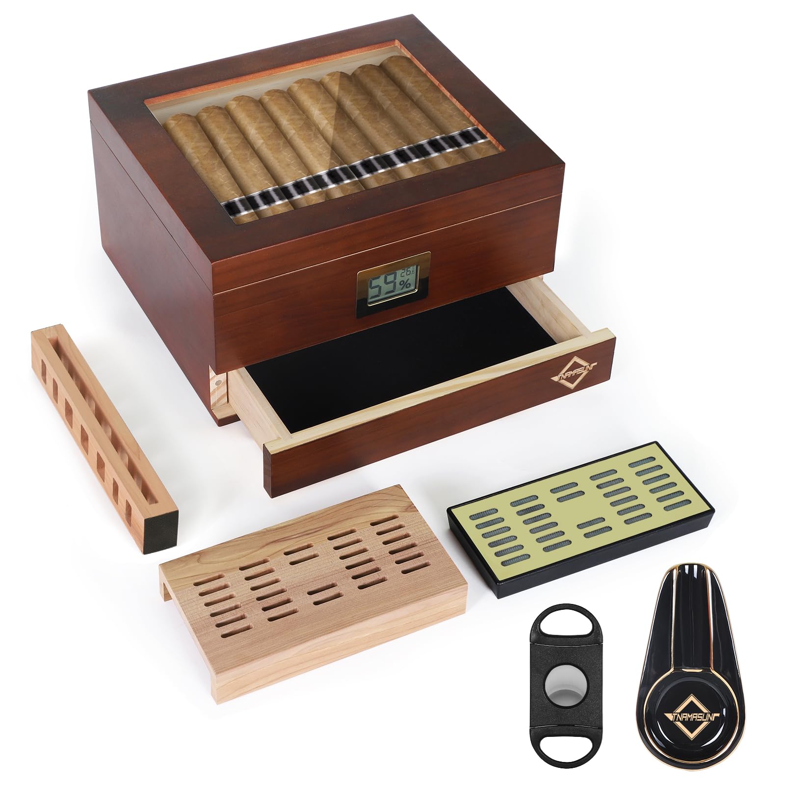 Photo 1 of Cigar Humidor, Cedar Wood Cigar Box, Cigar Case Humidifiers, Thermo-Hygrometer, Divider, Visible Acrylic Board, Drawer, Cigar Ashtray, Flat Cigar Cutter, Cigar Gifts for Men Hold 20-50 Cigars (Brown)