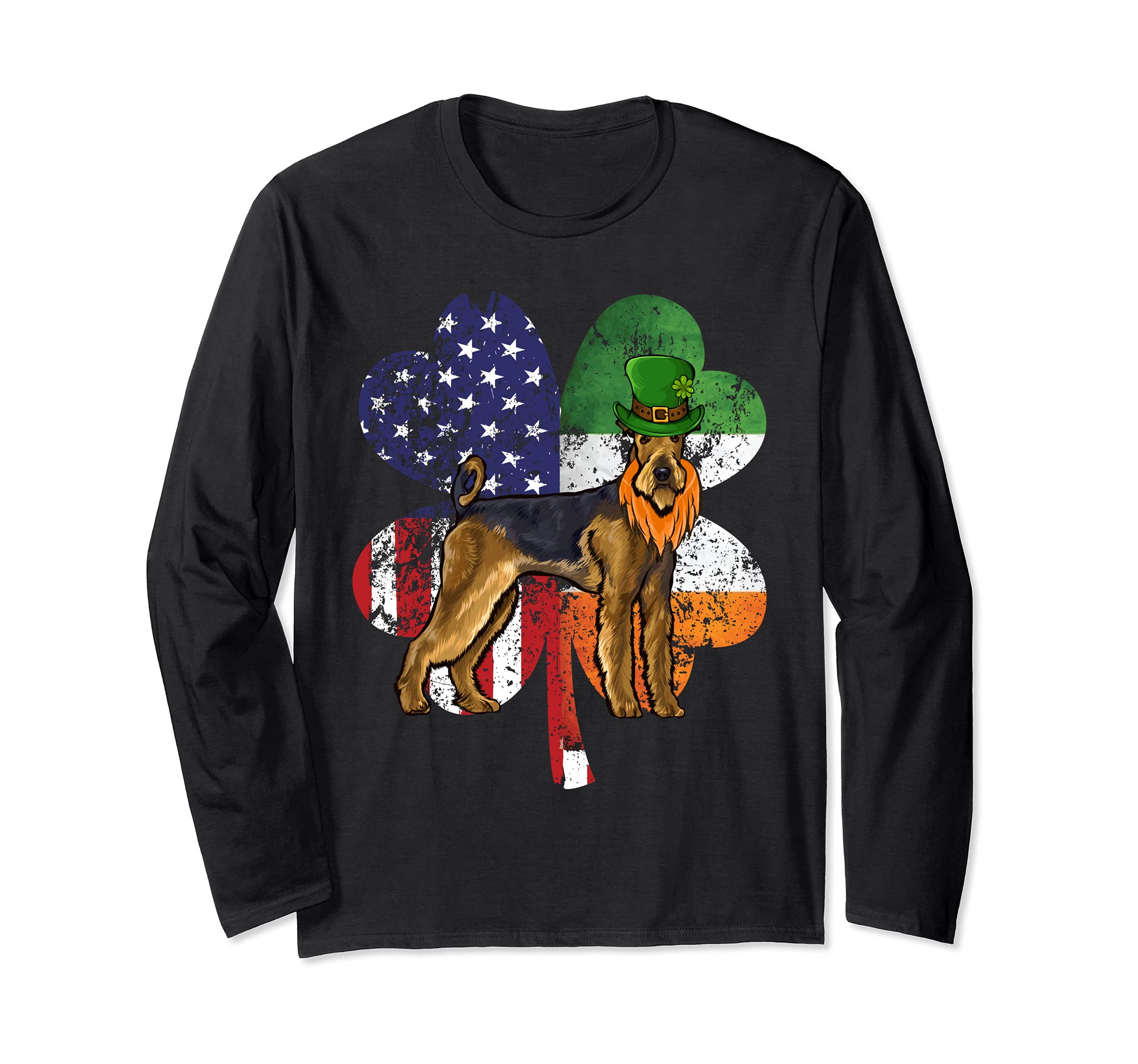 St Patricks Day Irish American Flag Airedale Terrier Dog Long Sleeve T-Shirt