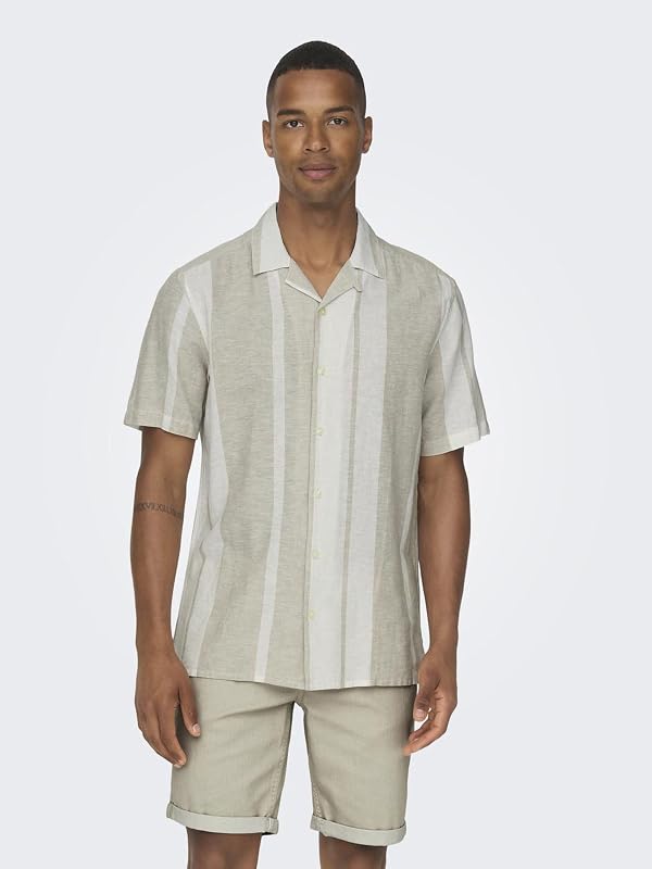 Camisa Hombre Manga Corta Cuello Resort Botones Lino Top Verano, Color:Caqui, Talla:M