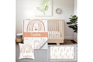 Personalized 3 Piece Baby Crib Bedding Set for Girls, Newborn Baby Toddler Nursery Rainbow Set with Blanket, Fitted Sheet, Pi
