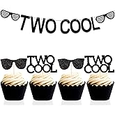 LaVenty Set of 25 LaVenty Two Cool Banner Black Glittery Two Cool Cupcake Topper Sunglasses Party Supplies Decoration