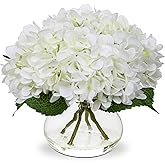 Hollyone Hydrangea Artificial Flowers with Vase White Silk Fake Flowers Arrangements in Glass Vase with Faux Water for Home Bathroom Office Table Centerpiece Shelf Decorations