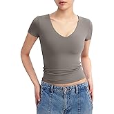 PUMIEY Women's V Neck Short Sleeve T Shirts Slim Fit Going Out Tops Sexy Basic Tee Sharp Collection