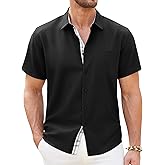 DEMEANOR Mens Linen Shirts Short Sleeve Wrinkle Free Untucked Shirt Casual Summer Beach Wedding Button Down Top with Pocket