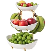 Leijosya Fruit Bowls，3-Tier Ceramic Serving Bowl Set with Gold Stand | Fruit Storage, Kitchen Use，White Decorative Display Bowls for Fruits, Desserts, Appetizers