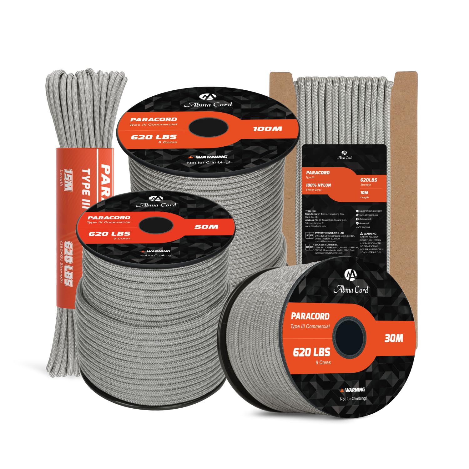 Abma Cord Paracord 4mm 15m 100% Nylon Rope 9 Strands Type III Parachute Cord for DIY, Camping, Survival, Outdoor - Max. 280kg - Grey