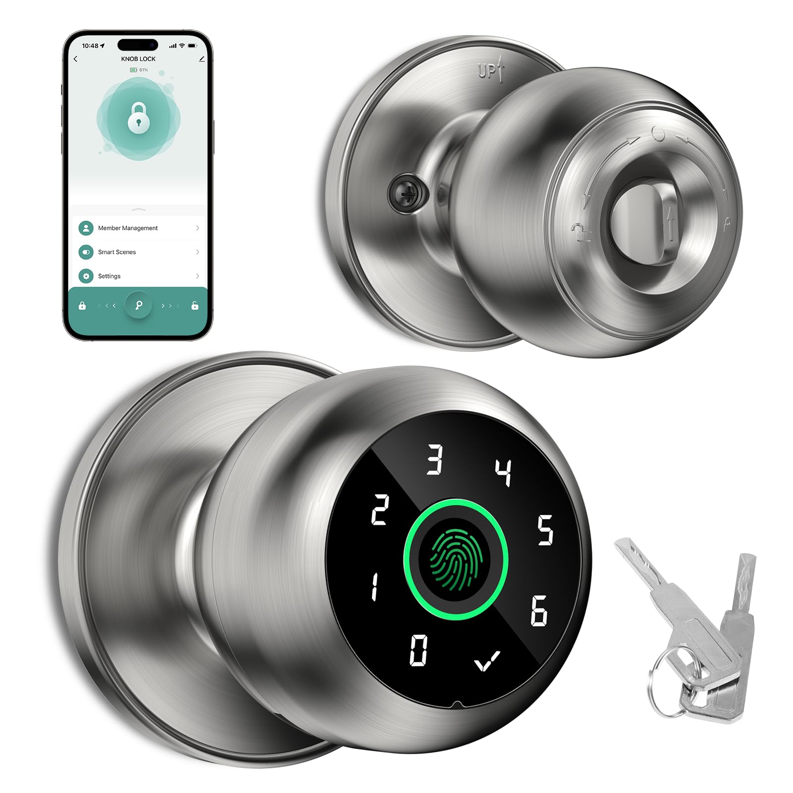 Photo 1 of Fingerprint Door Lock - Fingerprint and Keypad Input Smart Door knob, App Controlled Biometric Door Lock, Keyless Entry, Bedroom, Office, Hotel, Apartment Auto Door knob (Satin Nickel)