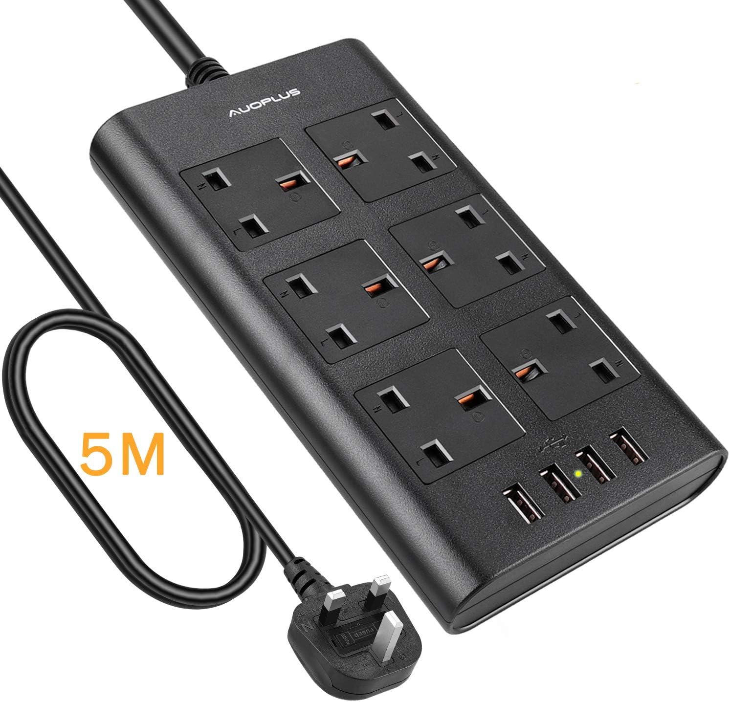 6 Way Extension Lead 5M, AUOPLUS Multi Plug Extension Lead with USB Solts, Overload Protection Power Strip