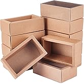 BENECREAT 12 Pack 7x5x1.5 Inch Brown Rectangle Drawer Kraft Boxes with PVC Plastic Window for Party Favor Treats, Candy and Jewelry Crafts