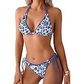 TASHEHE Women's Triangle String Bikini Set Sexy Tie Side Two Piece Swimsuit Cute Halter Bathing Suit