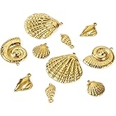 Cheriswelry 10Pcs Gold Plated Shell Charms Sea Scallop Conch Metal Pendants Stainless Steel Ocean Seashell Dangle Charms 17.5-35mm for DIY Summer Hawaii Necklace Bracelet Earring Jewelry Making