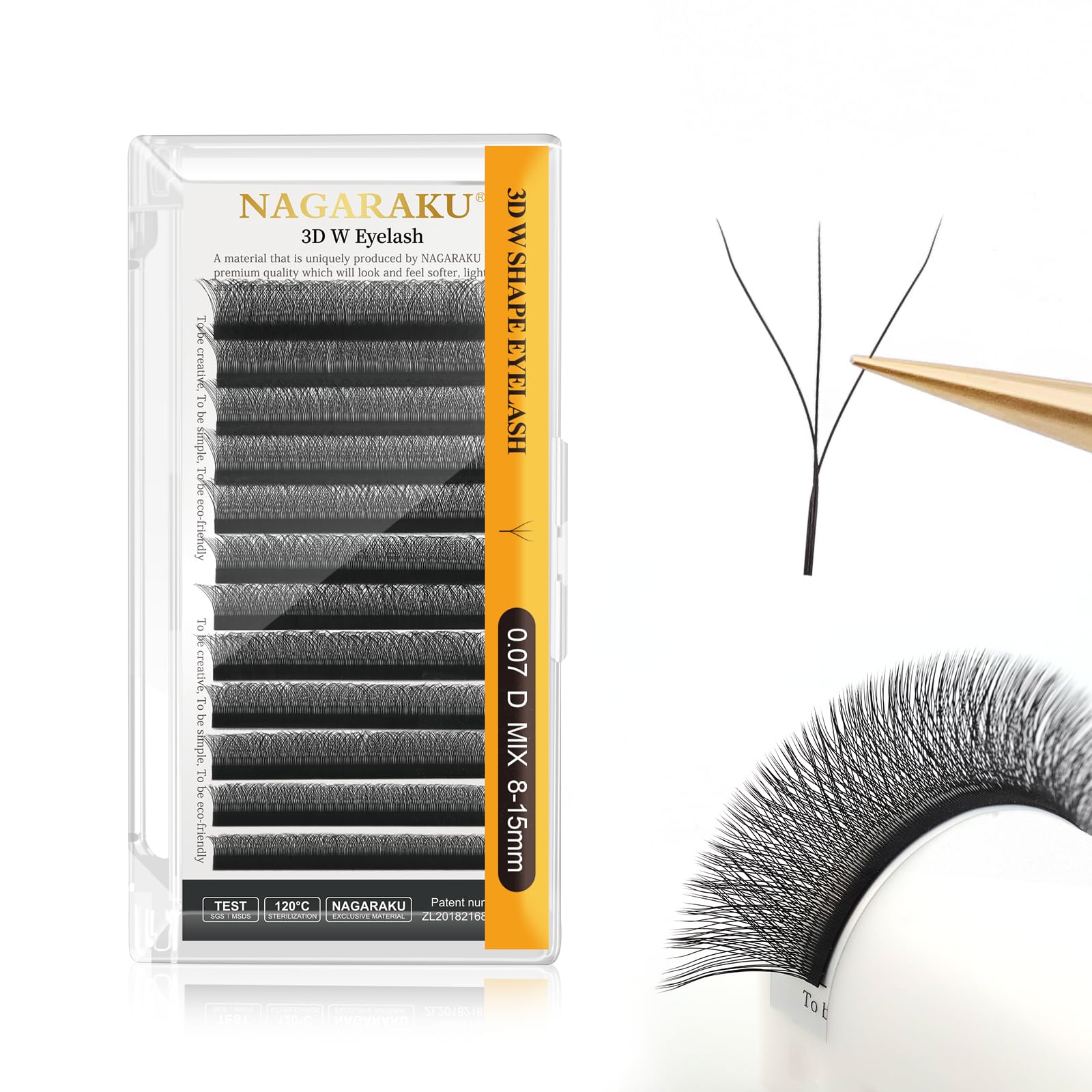 NAGARAKU 3D Lashes，W Shape Eyelash Extensions 0.07mm D Curl 8-12mm Mix Volume Lashes Hand Woven Long Stem Matte Black Premade Fans 3 Tips False Eyelash