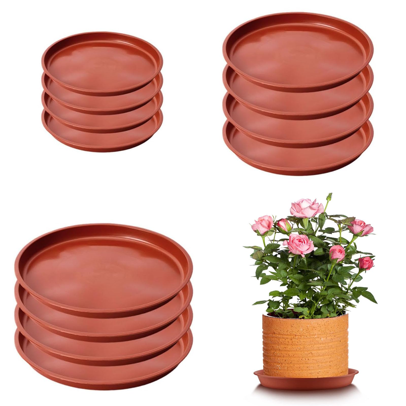 TZMFHD Plant Pot Saucers, 12 Pcs Plant Saucers For Pots, 3 Plant Trays For Pots, Used For Indoor, Outdoor, Garden, Home, Balcony(14cm/16cm/18cm, Brick Red)