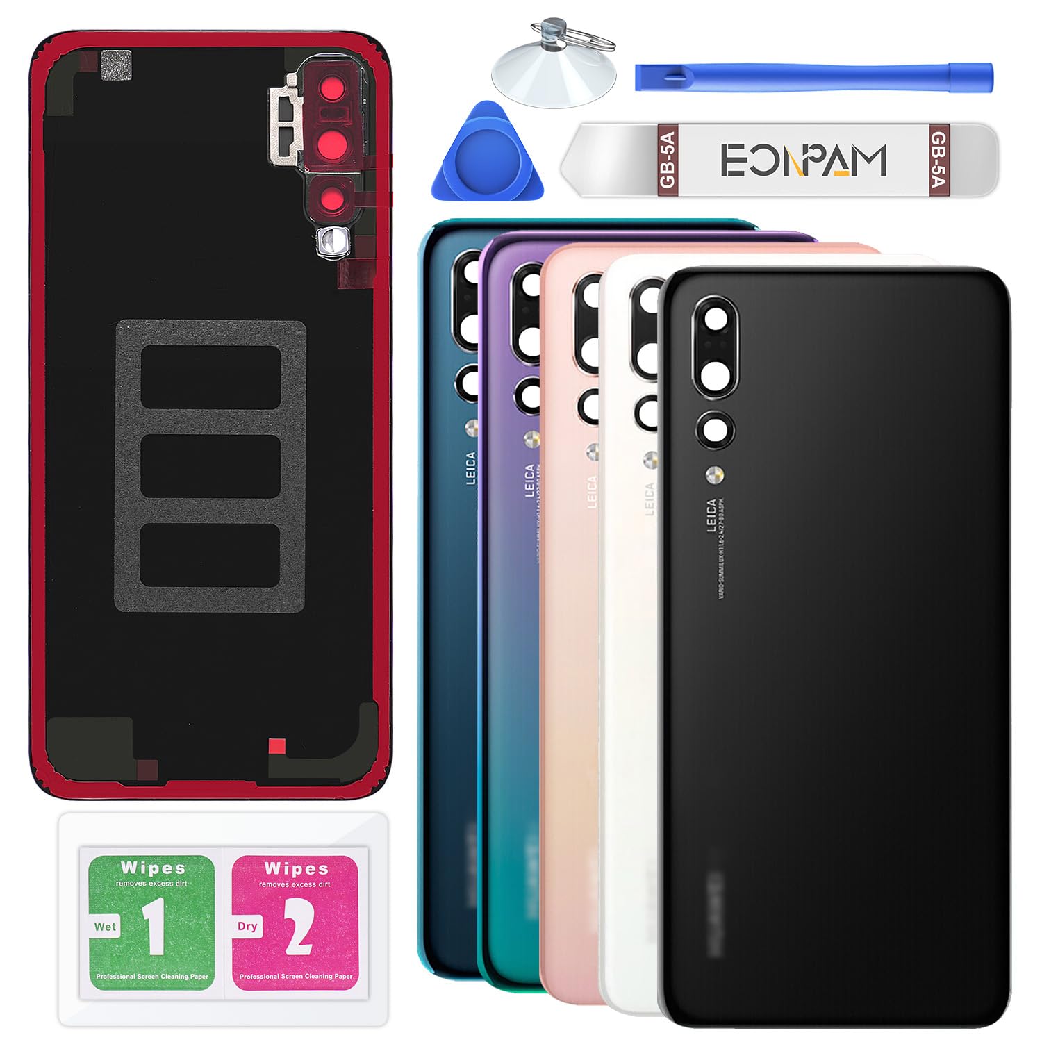 Eonpam Back Cover Glass for Huawei P20 Pro Rear Glass Replacement with Camera Lens + Repair Kit Genuine Rear Housing (Black)