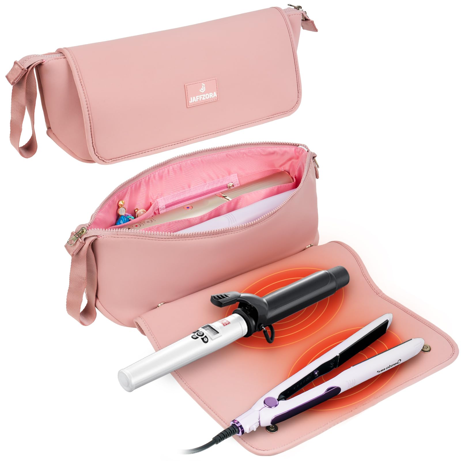 Photo 1 of Jaffzora Hair Tools Travel Bag with Heat Resistant Mat, Portable 2 in 1 Hair Storage Bag for Curling Iron, Flat Irons, Straighteners and Haircare Accessories, Pink