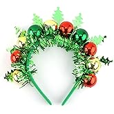 SuPoo Christmas Headbands for Women Christmas Tree Holiday Ball Bell Headbands Xmas Retro Disco Outfit Costume Accessories Iridescent Tinsel Green Hairband Metallic Hair Hoop for Party New Years