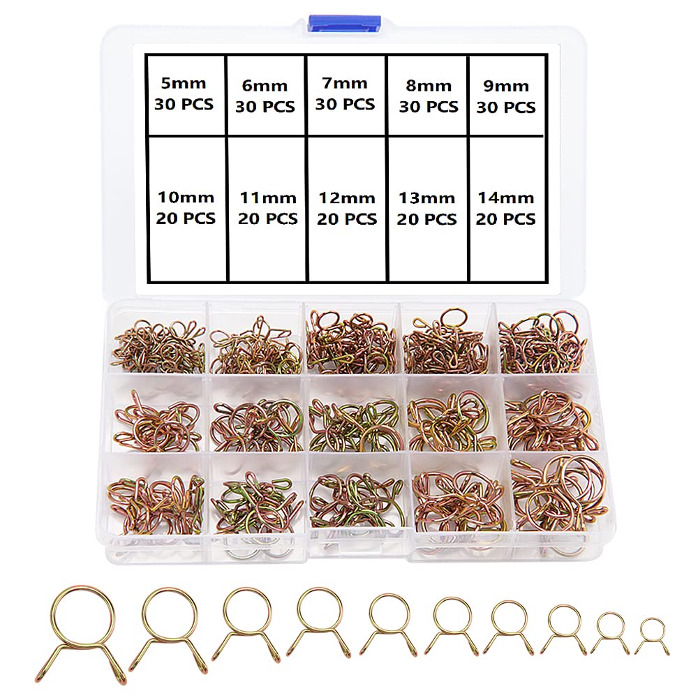 YIXISI 250 PCS 5-14 mm Fuel Hose Spring Clamps, Fuel Line Hose Clips, Tubing Spring Clamps, Single Wire Tubing Spring Clips Clamps, for Motorcycle Scooter ATV(10 Sizes)